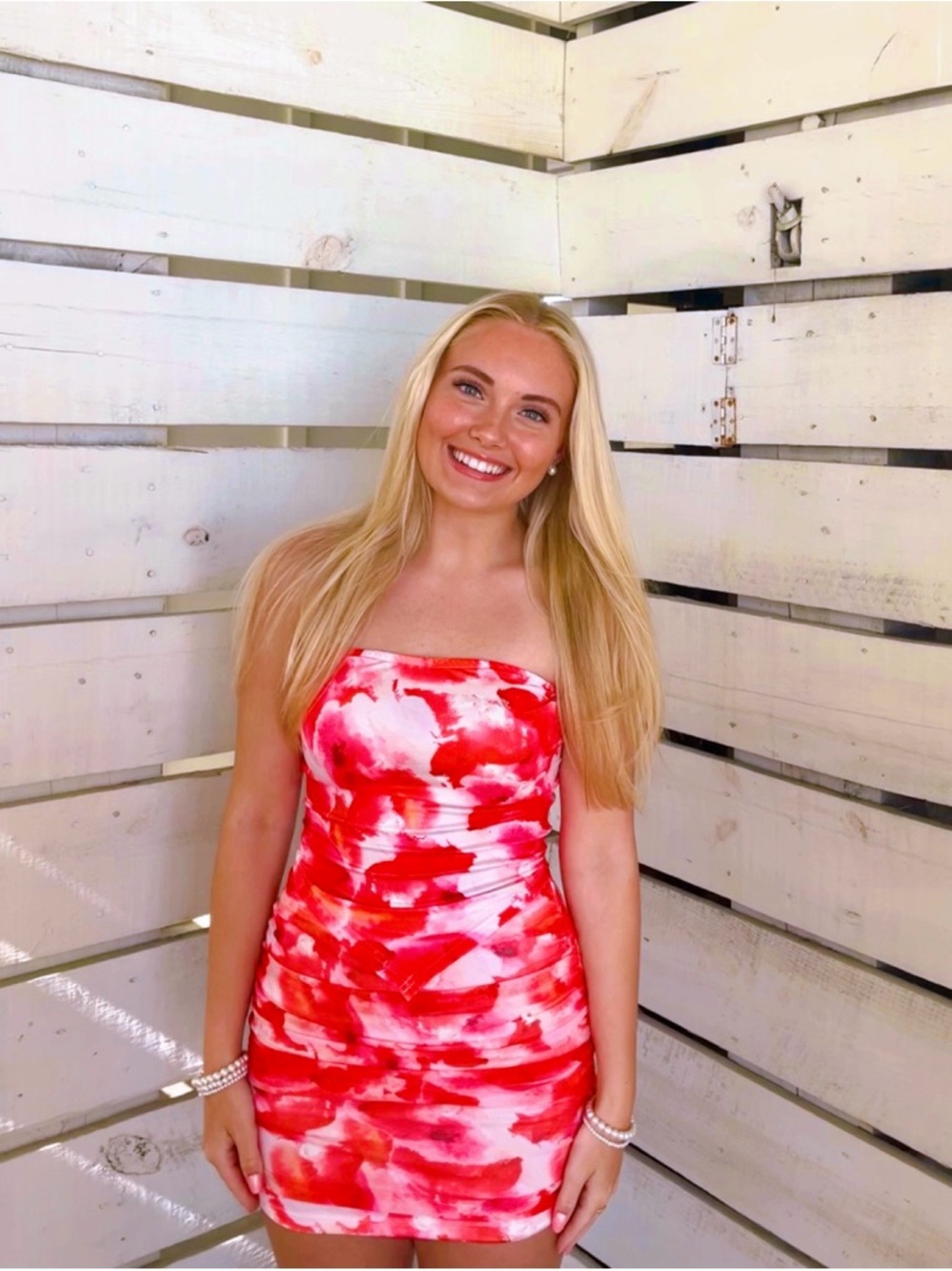 SHEIN Red & White Tie-Dye Strapless Bodycon Set XS Top S Bottoms